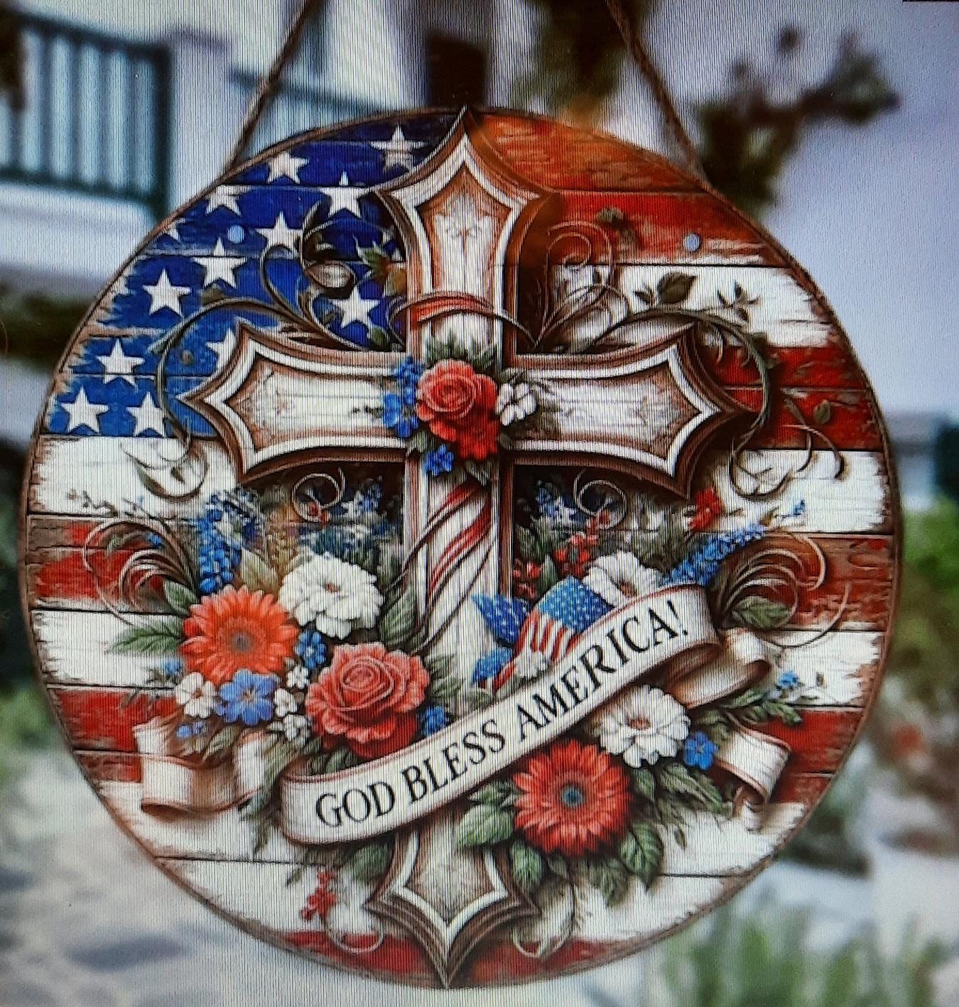 壁飾り木製 - 愛国的な木製「God Bless America」飾り板 愛国的な旗柄
