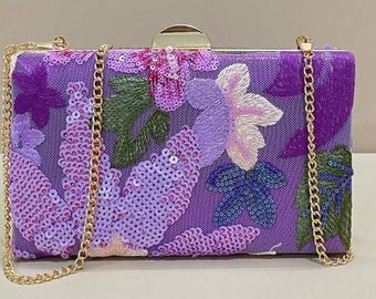 EVENING BAG-Mini Purple Party Clutch, (Unique Random Pattern) Elegant & Detailed Sequin Embroidered Box Bag