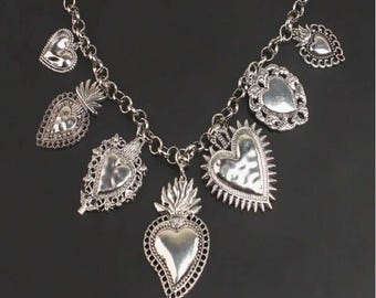 NECKLACE-Sacred Heart, Silver Plated, 7 Pendants, Large Link Chain Necklace - 23.6&quot;