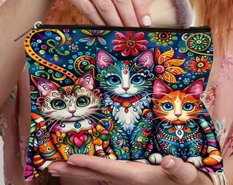 Bohemian Cat Pattern Canvas Makeup Bag with Secure Zipper - Lightweight, Multifunctional Travel Cosmetic Pouch