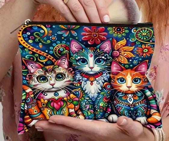 Bohemian Cat Pattern Canvas Makeup Bag With Secure Zipper
