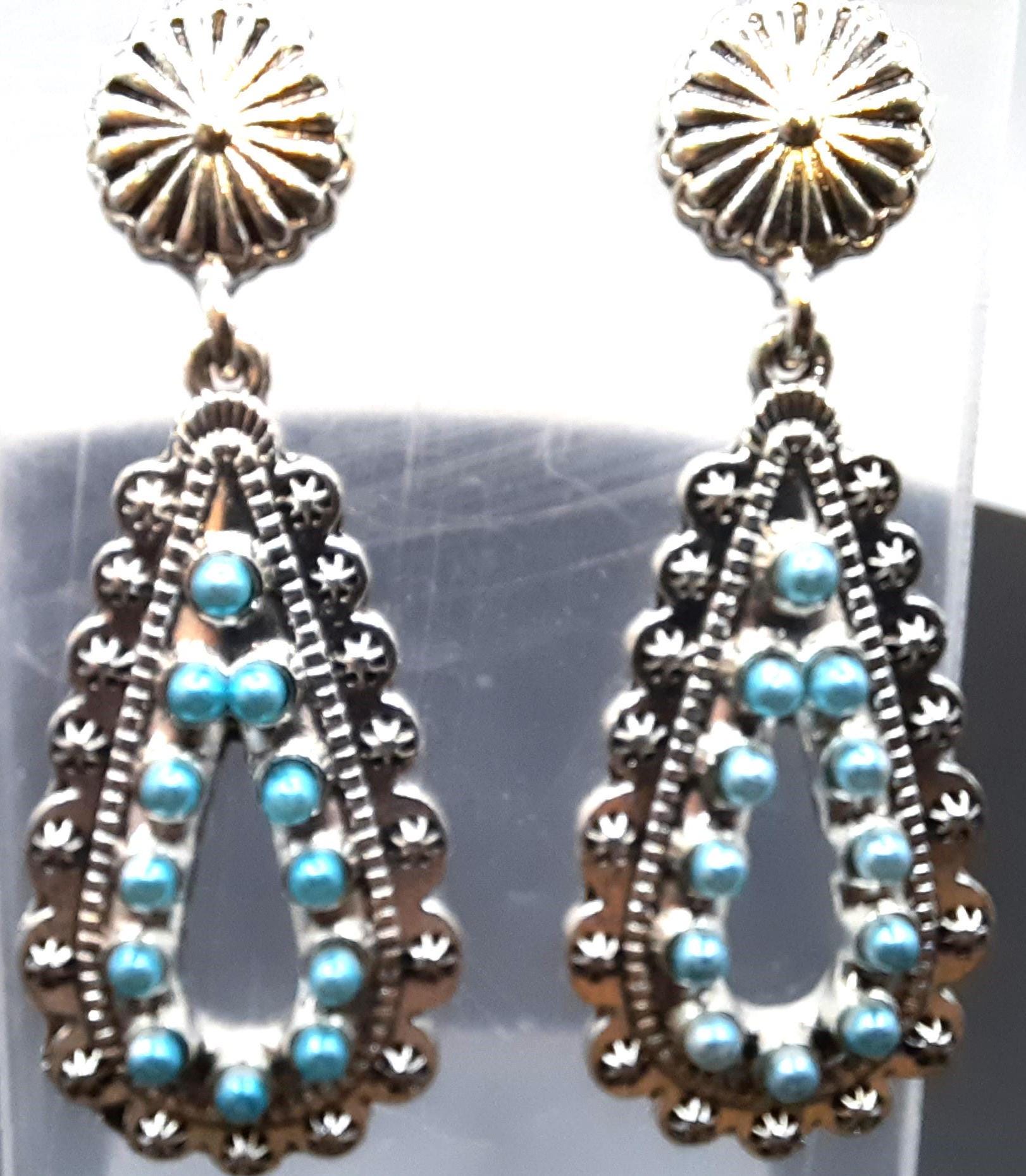 EARRINGS-Western Water Drop Shaped Turquoise Inlay Drop Earrings 2" Drop