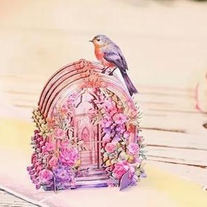 TARJETA POPUP - Tarjeta floral con castillo y pájaro - Ideal para cumpleaños, aniversarios, Día de la Madre, San Valentín, para amantes de las tarjetas y ocasiones especiales (7x5)