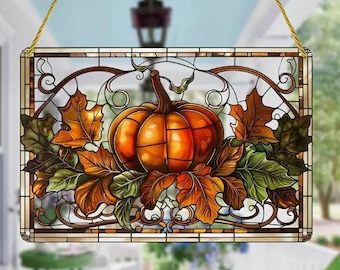 SUNCATCHER-Pumpkin, Acrylic Stained Glass Effect Window Hanging 7.87&quot;x11.81&quot; for Fall Decor, Home & Garden Accents