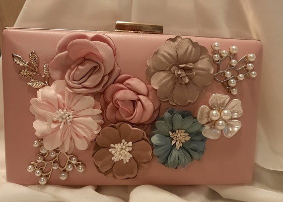 HB009-Clutch Bag Pink Floral Appliques, Faux Pear… - image 2
