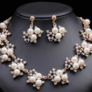 JEWELRY SET-Rhinestone and Faux Pearl Necklace and Earrings Set, Gold Tone