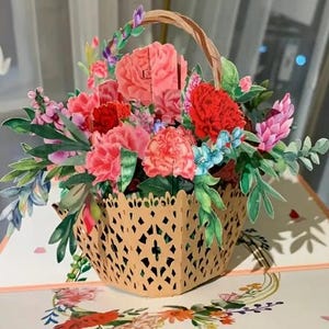 CARTÃO POP-UP - Cesta de flores pop-up vibrante 3D com design de vime tecido à mão - perfeita para ocasiões especiais, presente para ocasiões especiais