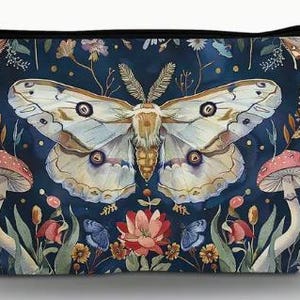COSMETIC/TRAVEL BAG- Moths & Mushrooms Print Cosmetic Bag - Lightweight, Foldable Polyester Makeup Pouch with Zipper Closure