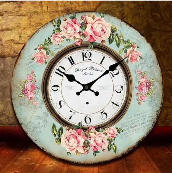 RELOJ DE PARED Reloj de madera rosa, estilo retro, reloj redondo