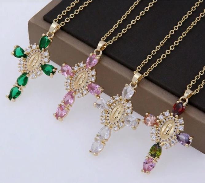 ネックレス・チョーカー Enamel Virgin Mary NECKLACE- Oval Virgin Mary Cubic Zirconia Cross Pendant