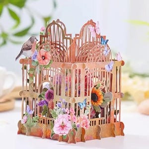 POPUP CARD-3D - Carte de voeux pop-up avec fleurs en forme de cage à oiseaux - Motif floral en papier, polyvalente pour les anniversaires et toutes les occasions