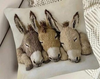 THROW PILLOW COVER- Cute Three Sleeping Donkeys Design, Single-Sided Print Beige Background, Woven Polyester Fabric, 17.72&quot;x17.72&quot;