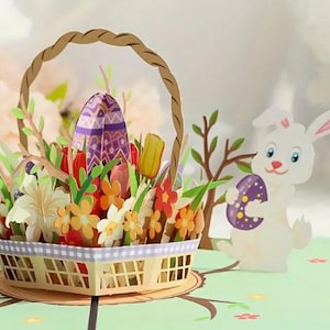 POPUP CARD - Carte de Pâques avec panier pop-up fait main avec lapin coloré, œufs et fleurs - Carte de correspondance et enveloppe incluses