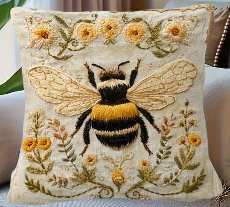 THROW PILLOW COVER- Vintage Bee and Floral Pillow Covers (Printed) - Short Pile Polyester, Single Sided, Zipper Closure, 18x18