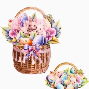 POPUP CARD - Joyeuses Pâques avec panier pop-up fait main avec lapin coloré, œufs et tulipes - Carte de correspondance et enveloppe incluses
