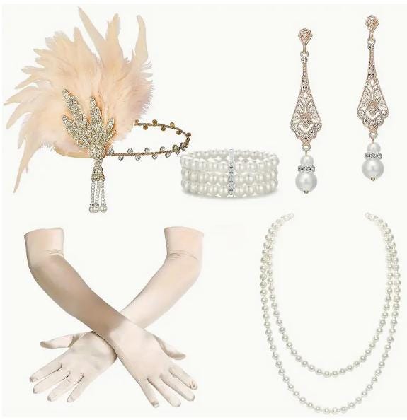 FLAPPER ACCESSORY BABEYOND -1920s Flapper Accessories 6Pc Set, Champagne Headband, Pearl Necklace, Bracelet, Earrings, Gloves, Cig Holder