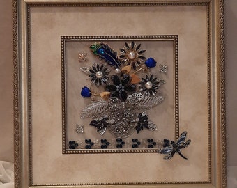 JA016-Jewelry Art Framed Floral Blues and Silver Tones Dragonfly