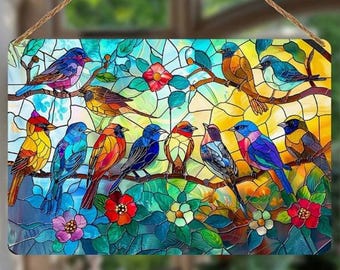 SUNCATCHER-  Songbirds Acrylic Sun Catcher, Stained Glass Style,  Hanging Acrylic Window Decor 12&quot;x8&quot;