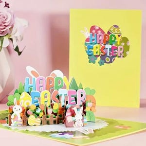 POPUP CARD - Joyeuses Pâques faites main avec un lapin coloré, des œufs et des fleurs - Carte de correspondance et enveloppe incluses