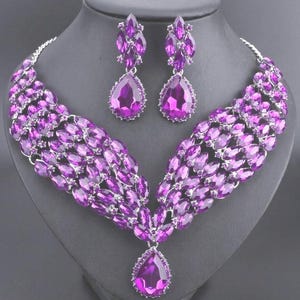 JEWELRY SET-Purple Necklace & Earrings Set, Waterfall Rhinestone Crystal Water Drop Pendant Silver Necklace Earrings