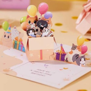 CARTÃO POP-UP - Cartão de Feliz Aniversário para Gato, Cartão de Gato Fofo