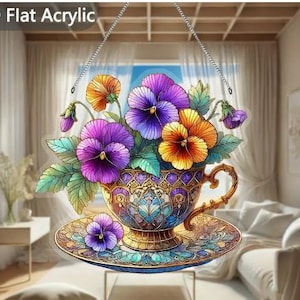 SUNCATCHER- Violets in Teacup Suncatcher, Stained Window Hanging, Acrylic Suncatcher, Bohemian Style, 7.9x8.3in, Window Decor, Ideal Gift
