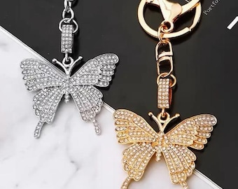 BAG CHARM/KEYCHAIN- Butterfly Rhinestone Encrusted Silver or Gold Tone