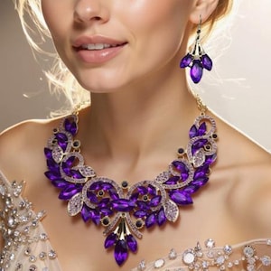 JEWELRY SET-Deep Purple Necklace & Earrings Set, Symmetrical Rhinestone Floral Design Statement Jewelry, Golden Chain with Sparkling Stones