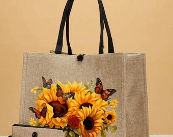 TOTE BAG-Sunflower Printed Tote Bag with Zippered Coin