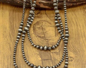 NECKLACE-Western Navajo Style, 60&quot; Long Multi-Layer Copper Coated Antique Silver Tone Beaded Necklace