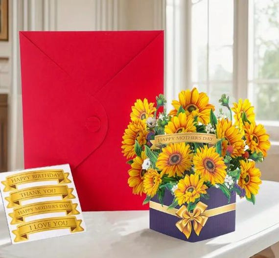 3D Pop-Up Grußkarte Goldene Sonnenblumen - Handgemacht, 15x20 Cm, Mit Umschlag
