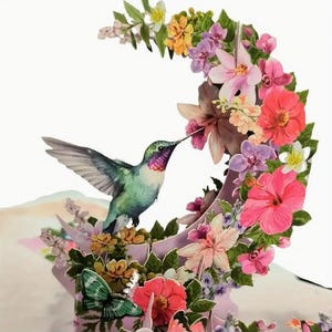 POPUP-KARTE-Kolibri und Blumen Pop-Up-Karte - 3D-Handgemachte Papier Geschnitzte Karte, Ideal für alle Anlässe