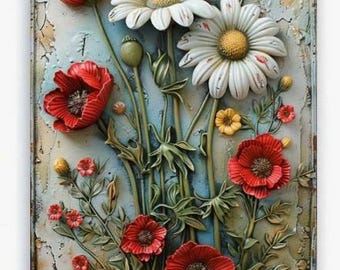 METAL ART- Daisy & Poppy Retro Decor, Metal Art Floral Decor, Flat 2D, 12x8&quot;