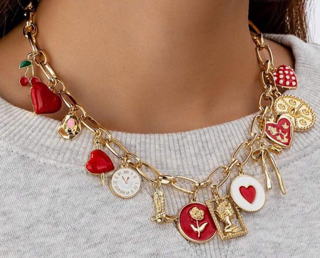 NECKLACE, Charm Necklace, Red Drip Oil Heart Shape Cherry Bow