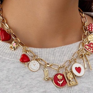 Collar con dijes, colgante múltiple con forma de corazón de cereza y lazo de aceite rojo, joyería moderna y divertida.