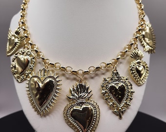NECKLACE-Sacred Heart 18K Gold Plated Multi 7 Pendant Large Link 16&quot; Necklace 1 1/2&quot; Extender