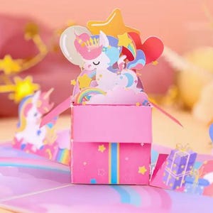 CARTÃO POPUP - Cartão de felicitações de unicórnio rosa - Cartão de nota, para todas as ocasiões, inclui envelope