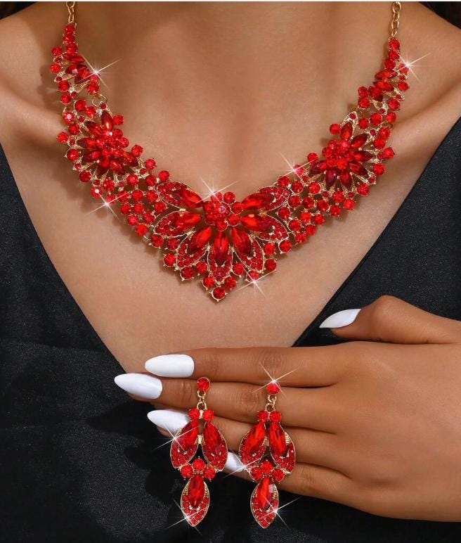 Gold Red Necklace and Earrings Set