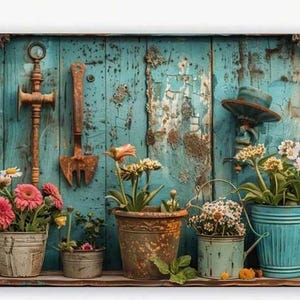 METAL ART-Flower Pots with Flowers and Garden Tools Retro Metal Art Design 12x8&quot;