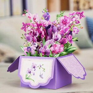 CARTÃO POPUP - Cartão de felicitações com violetas roxas - Perfeito para aniversários e todas as ocasiões 3,5 x 3,5 x 7,5