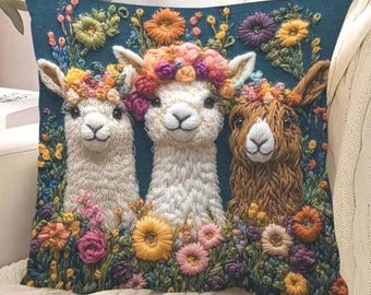 THROW PILLOW COVER- Alpaca & Floral Soft Plush Polyester, 18x18&quot;, Zipper Closure, Design is Advanced Printing Technology