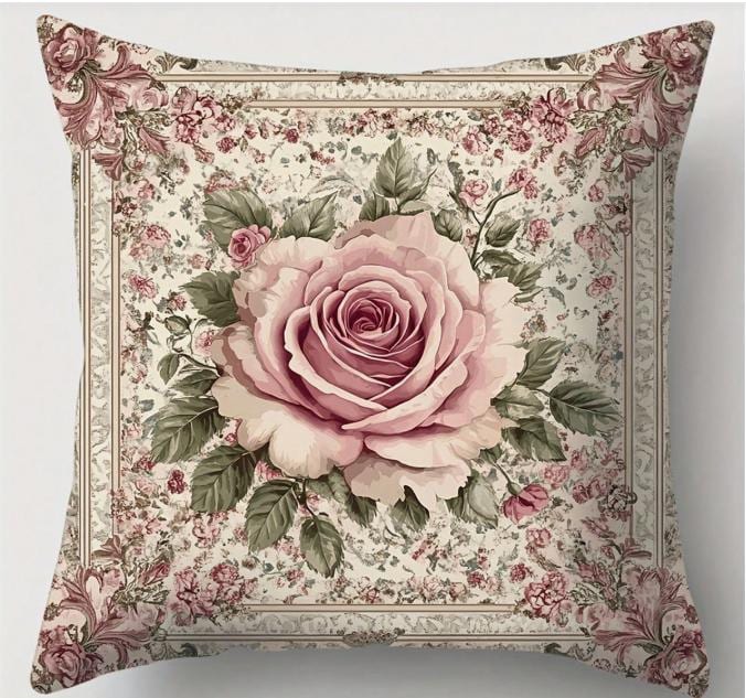 THROW PILLOW COVER- Elegant Rose 18x18 - Polyester Fabric with Romantic Pink Rose, Green Leaves Design, Machine Washable, Zip Closure