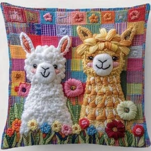 THROW PILLOW COVER- Alpaca and Floral Design, Vintage Plush Pillowcase 18x18&quot;, 2D Flat Printed, Zipper Closure, Machine Washable