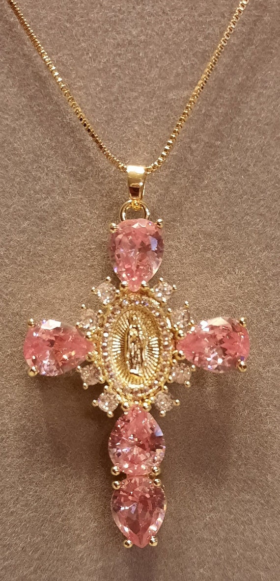GT302-Pink Oval Virgin Mary Cubic Zirconia Cross P