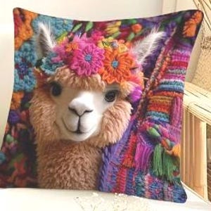 THROW PILLOW COVER- Alpaca & Floral Polyester, Double Sided, 18x18&quot;, Zipper Closure, Design is Advanced Printing Technology.