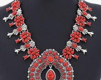 NECKLACE-Western Necklace Turquoise Squash Blossom Flower Pendant Style