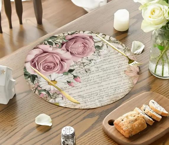 Set Mit 4 Runden Oster-Tischsets – Karo-Rosen-Muster, 35,6 Cm Durchmesser Aus Polyester | Festliche Platzdeckchen Für Küche & Esstisch