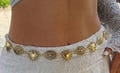 WESTERN CHAIN BELT-Western Vintage Style Gold Tone Heart and Oval Conch Waist Chain Belt 42" - Lobster Claw, Zinc Alloy