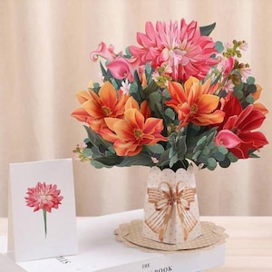 POPUP CARD-Dahlia Bouquet Card - 10 Inch Forever Bouquet, 3D Popup Grußkarte, Geburtstag, Geschenkkarte, Muttertag, Notizkarte und Umschlag
