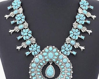 NECKLACE-Western Necklace Turquoise Squash Blossom Flower Pendant Style
